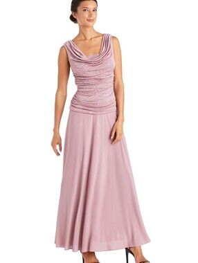 R&M Richards Dusty Rose Mauve Metallic Draped Maxi Dress